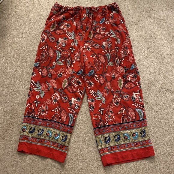 First Option. Size XL. Border Print Crop Tea Length Pants. Tie Waist. B56 - Picture 1 of 4